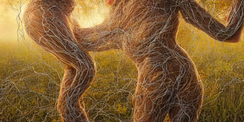 Prompt: 2 interconnected human bodies, 1 female, 1 male, connected by transparant biomorphic vine connections, in a nature setting, by peter gric, by artgerm, smooth gradients, vibrant colors, artstation, cgsociety, golden hour, golden ratio, cinematic, cinematic lighting, 4 k, uhd, hdr