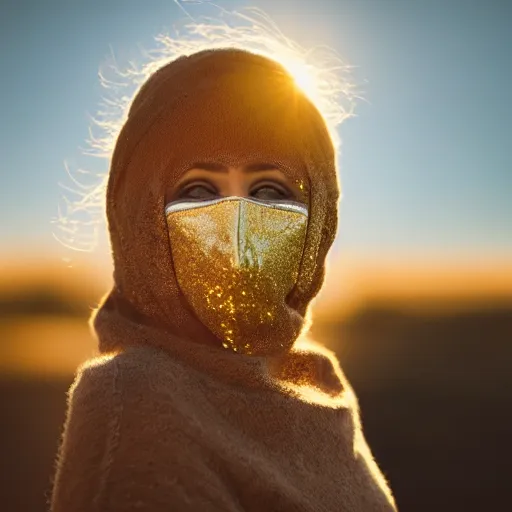 Image similar to female balaclava photography portrait, desert wind, golden particles flying in the air, bokeh, golden hour