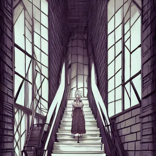 Image similar to a creepy woman walking through a bright white staircase with many doors and hallways, mc escher architecture, very detailed background, epic composition, anime key visual, anime style, by makoto shinkai