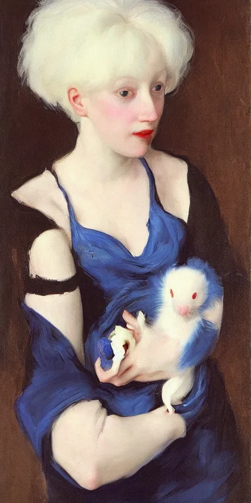 Image similar to “ a portrait of a blue haired girl holding an albino rat, very detailed, oil painting, madame x, dark background, by of john singer sargent ”