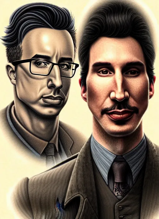 Prompt: a portrait of john oliver standing next to adam driver as in the vigo carpathian painting, stoic, military uniform, fantasy, intricate, beautiful, highly detailed, charcoal, centered, dark, smokey, digital painting, concept art, smooth, sharp focus, illustration, art by artgerm and greg rutkowski