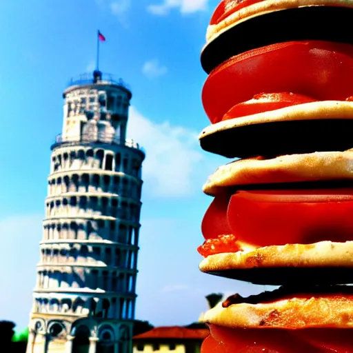 Prompt: tower of pisa, pizza tower, tomato, Basil