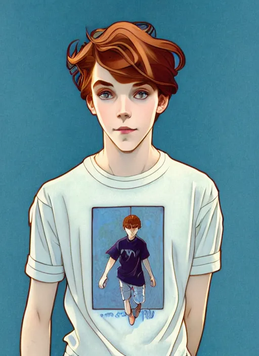 Image similar to art nouveau portrait of a teen boy with straight auburn hair, light blue eyes, pale skin, freckles, sad expression, t - shirt, modern casual clothing, natural lighting, path traced, highly detailed, high quality, cartoon, digital painting, by don bluth and ross tran and studio ghibli and alphonse mucha