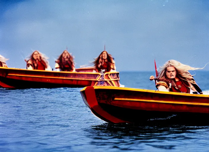 Image similar to photo of beautiful angry viking women in speed boats invading scottland, hyperrealism, fujifilm velvia 5 0