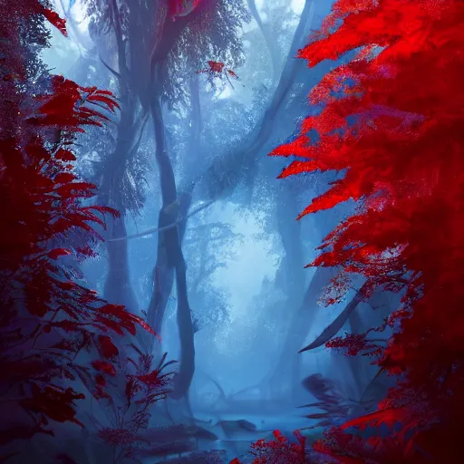 Image similar to dragon red & blue in a rain forest, dramatic lighting, uhd 4 k, artstation, hdr, award - winning, trending