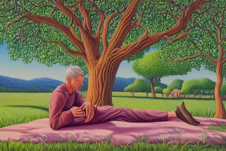 Image similar to painting of a peaceful man relaxing under a tree by alex grey, acrylic art, calm, soothing, cosy, elegant, soft light,