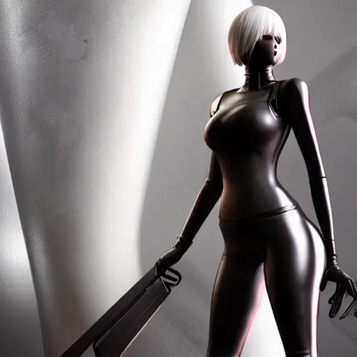 Image similar to 2 b nier automata wearing skintight clothes, 3 d render, unreal engine, octane render, ray tracing, unity, highly detailed, high quality, hd, 4 k, 8 k, realistic, sharp, trending