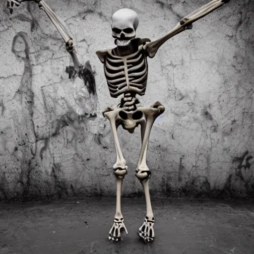 Prompt: a skeleton dancing without a care, artistic photography, f stop, iso, gray dungeon background, very realistic, action shot