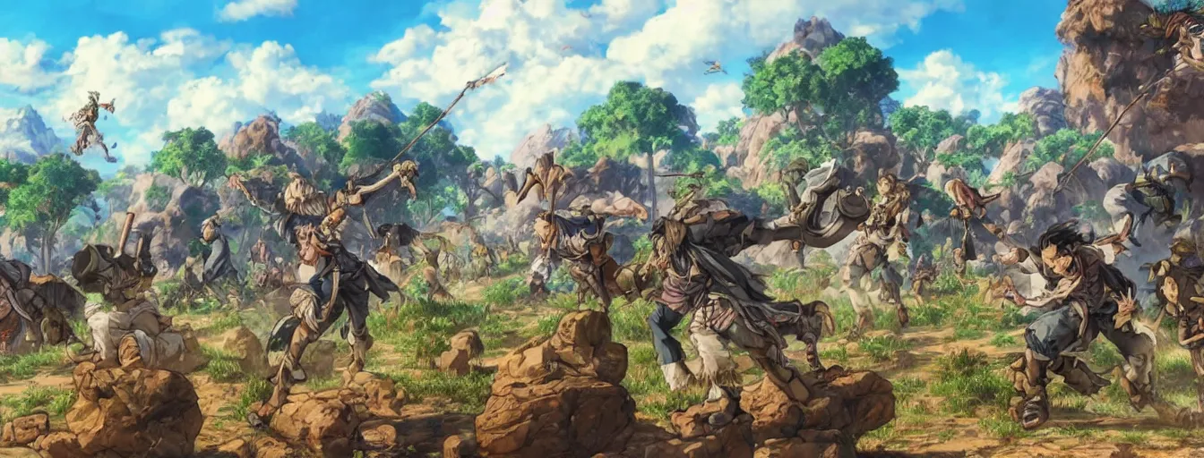 Image similar to a gigantic lanky gorilla throwing firstful of rocks at an incoming calvary. hyperrealistic anime background illustration by kim jung gi, colorful, extremely detailed intricate linework, smooth, super sharp focus, bright colors, high contrast, matte, octopath traveler, unreal engine 5 highly rendered, global illumination, radiant light