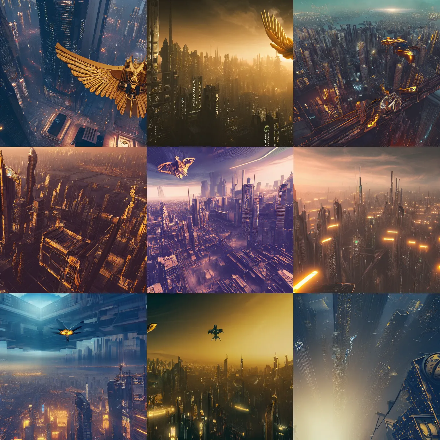 Prompt: 3d matte painting of a golden seraphim flying above a cyberpunk metropolis in the style of Sebastian Luca and Alex Pi,dusk, insanely detailed, epic, sci-fi, fantasy, wide angle shot, ultrafine detail, octane render, trending on artstation