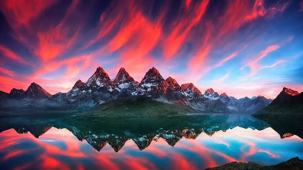 Image similar to amazing landscape photo of mountains with lake in sunset by marc adamus, beautiful dramatic lighting