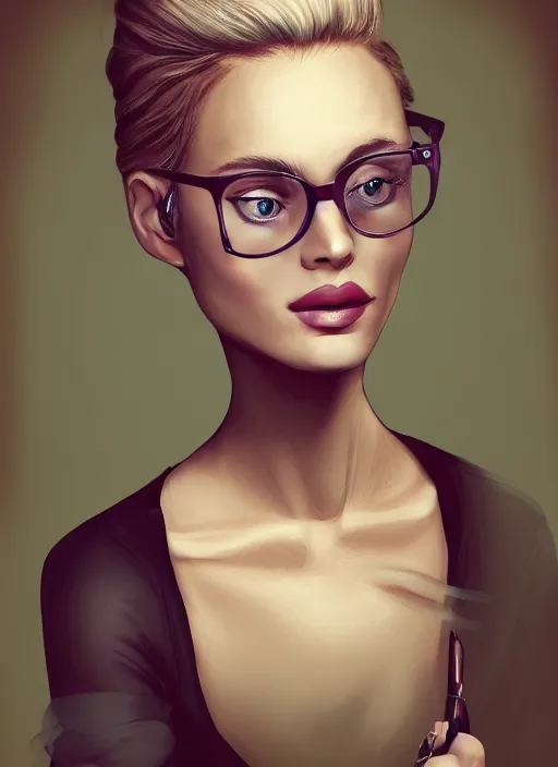 Image similar to a french woman with blonde hair tied in a strict bun, spectacles, lots of makeup, rich, character portrait, digital art, high quality, 8 k, detailed, d & d character,