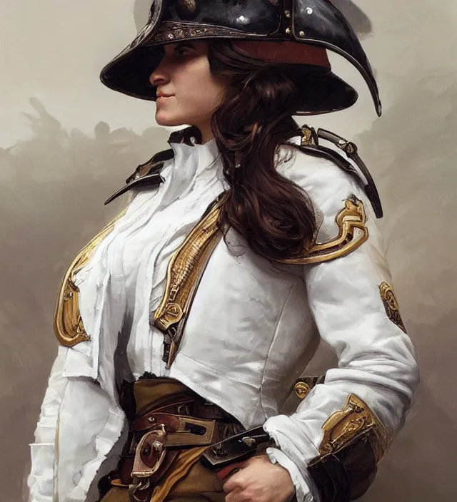 Image similar to portrait of a spanish woman wearing a white traditional nineteenth century military jacket, metal shoulder pauldrons, intricate, highly detailed, digital painting, artstation, concept art, sharp focus, cinematic lighting, illustration, art by artgerm and greg rutkowski, alphonse mucha, cgsociety