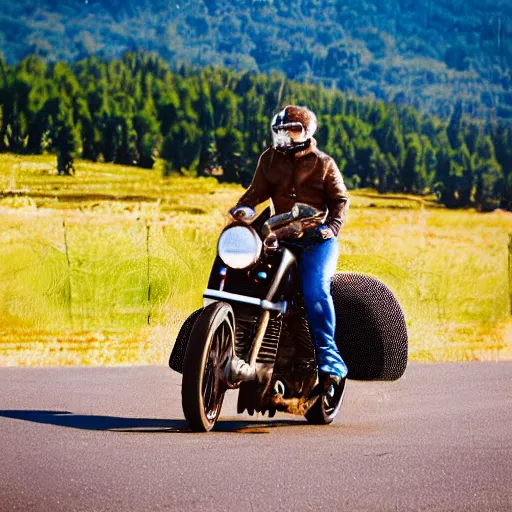 Prompt: blue heeler dog on a motorcycle, 8 k photography, blurred background of a wafflehouse