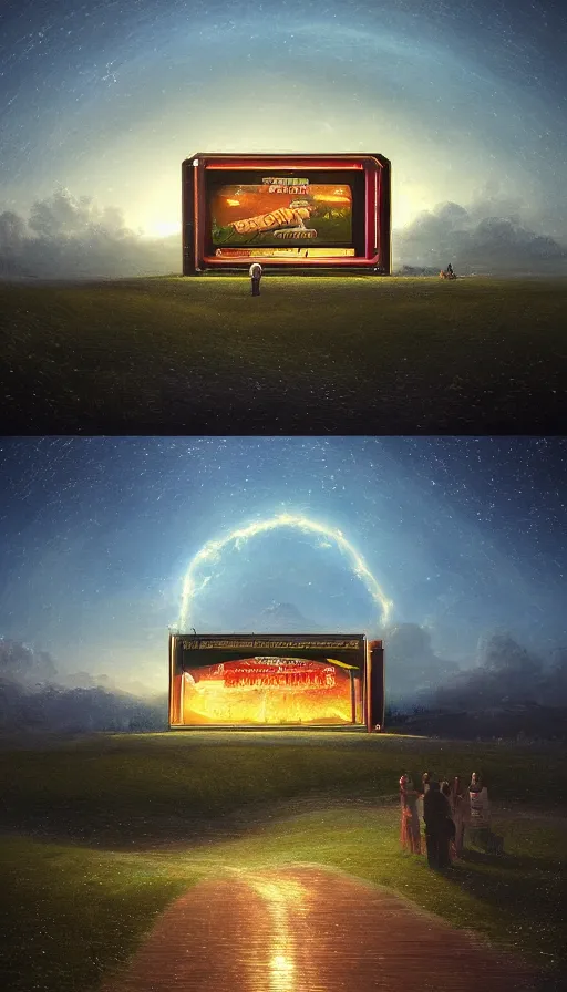 Prompt: a drive in movie theater, by ivan aivazovski, trending on artstation, detailed, volumetric lighting, starry night, dusk
