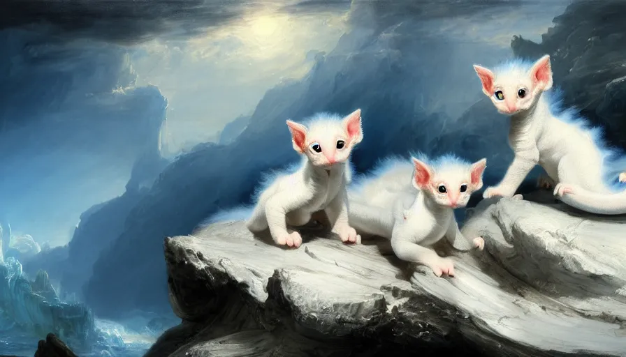 Prompt: highly detailed painting of white cute baby furry scaled oriental dragon kittens on a blue and white iceberg by william turner, by greg rutkowski, by william constable, thick brush strokes and visible paint layers, 4 k resolution