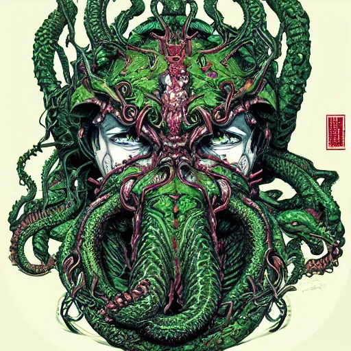 Image similar to portrait of crazy cthulhu, symmetrical, by yoichi hatakenaka, masamune shirow, josan gonzales and dan mumford, ayami kojima, takato yamamoto, barclay shaw, karol bak, yukito kishiro