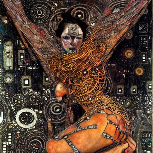 Image similar to winged cybernetic demon trapped in circuitry, intricate detail, klimt, miro, royo, whealan, figure study,