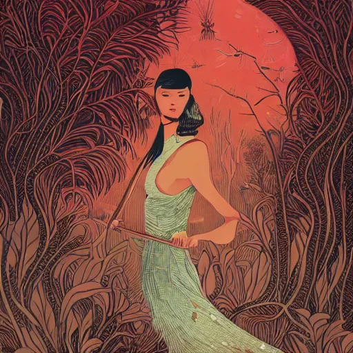 Prompt: A ultra detailed illustration of A woman holding a machete, by Victo Ngai, trending on ArtStation,