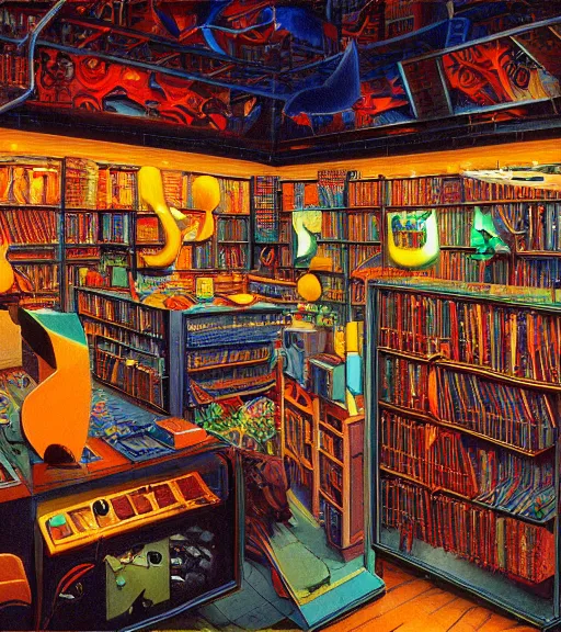 Prompt: cozy seattle library gift shop. vantablack cloth technology, vintage shapes, retro technology, happy colors dariusz zawadzki, tim hildebrandt, wayne barlow, bruce pennington, larry elmore, oil on canvas, deep depth field, masterpiece, cinematic composition. dramatic zoom, hyperdetailed, hd, hdr