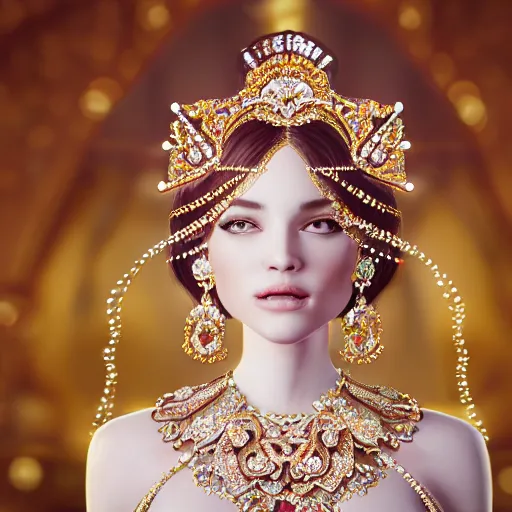 Image similar to portrait of pretty princess with perfect skin, glowing, ornate and intricate diamond jewelry, jaw dropping beauty, ornate and intricate backdrop, white accent lighting, hyper detailed, 4 k octane render