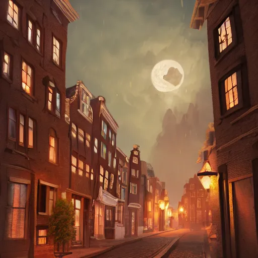 Image similar to a magical town with tall crooked buildings, deformed tall buildings, slanted tall buildings, inspired by amsterdam and victorian england, night time, digital painting, highly detailed, concept art, game art, matte painting, trending on artstation, octane render, 8 k, unreal engine