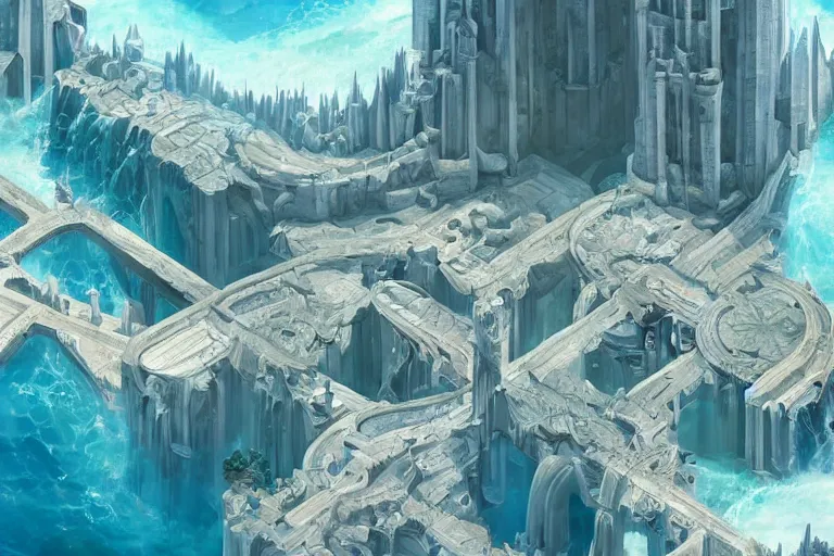 Image similar to atlantis with different levels and layers, connected by many bridges, clean, utopian, white, concept art, digital painting by shaddy safadi