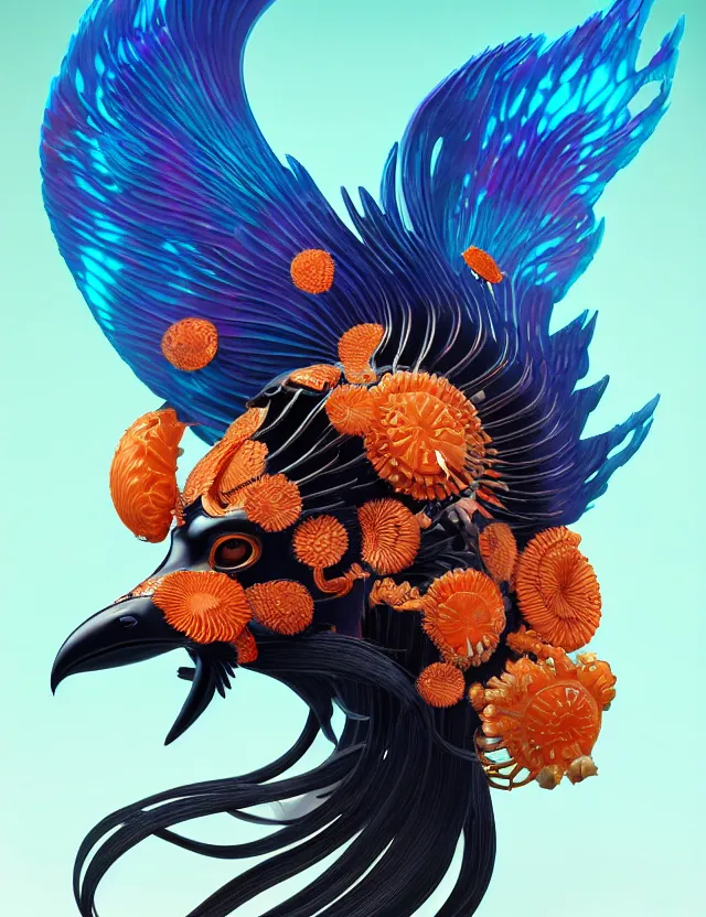 Image similar to 3 d goddess close - up profile portrait biomechanics with ram skull. beautiful intricately detailed japanese crow kitsune mask and clasical japanese kimono. betta fish, jellyfish phoenix, bio luminescent, plasma, ice, water, wind, creature, artwork by tooth wu and wlop and beeple and greg rutkowski. gold and black and teal and orange color scheme