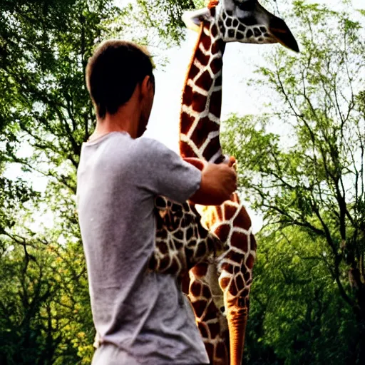 Image similar to human holds giraffe on his palm. photography