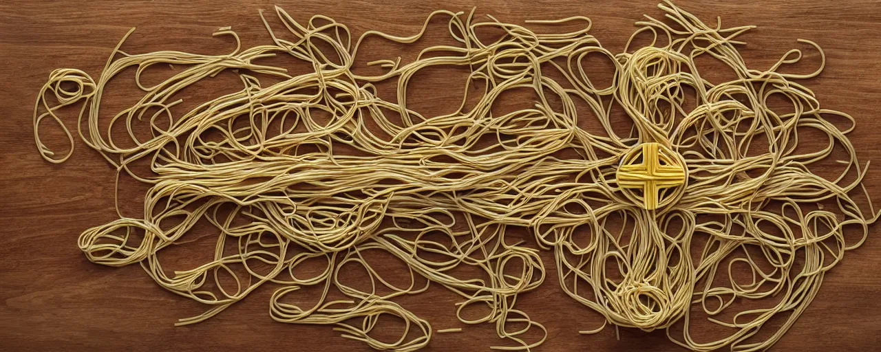 Image similar to a cross made out spaghetti, worn by knights in the crusades, kodachrome, in the style of wes anderson