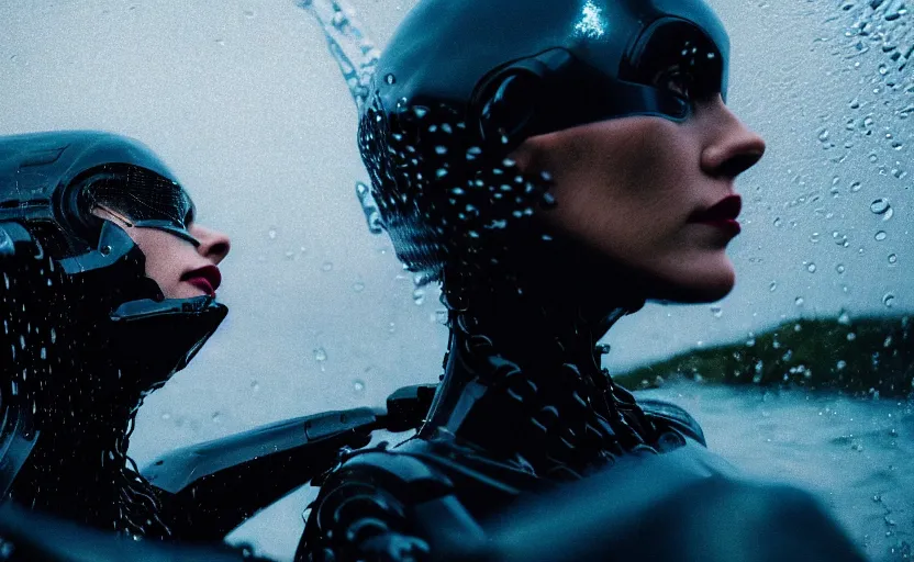 Image similar to cinestill 5 0 d candid action photographic portrait by quentin tarantino of two loving female androids wearing rugged black mesh techwear in treacherous waters, extreme closeup, modern cyberpunk retrofuturism moody emotional cinematic, pouring iridescent rain, 8 k, hd, high resolution, 3 5 mm, f / 3 2, motion blur, ultra realistic faces, ex machina