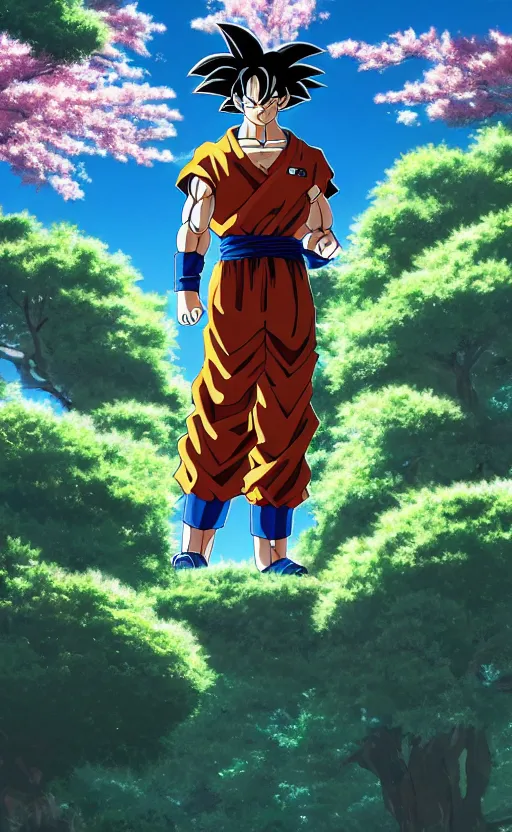 Prompt: an ultrawide photo of goku standing in front of sakura trees, studio ghibli concept art, detailed face, beautiful face, beautiful eyes, beautiful lighting, hdr, 4 k