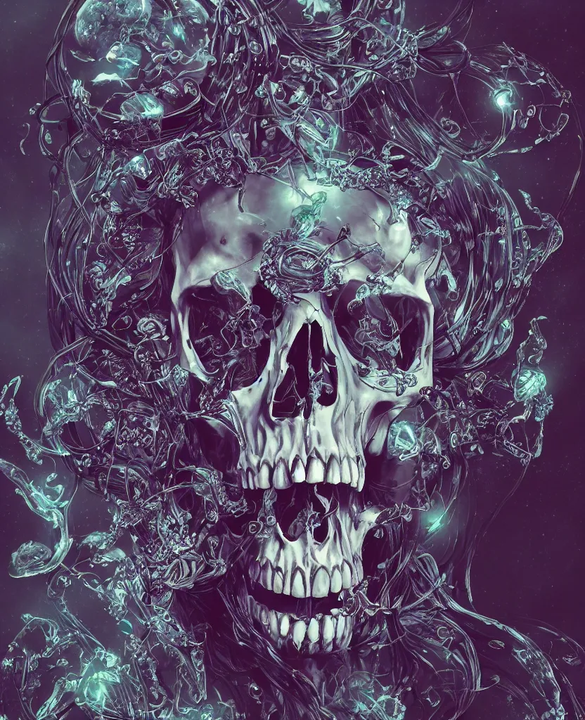 Prompt: close-up portrait goddess skull, thorax, x-ray, backbone, jellyfish phoenix head, nautilus, orchid, skull, betta fish, bioluminiscent creatures, intricate artwork by Tooth Wu and wlop and beeple. octane render, trending on artstation, greg rutkowski very coherent symmetrical artwork. cinematic, hyper realism, high detail, octane render, 8k