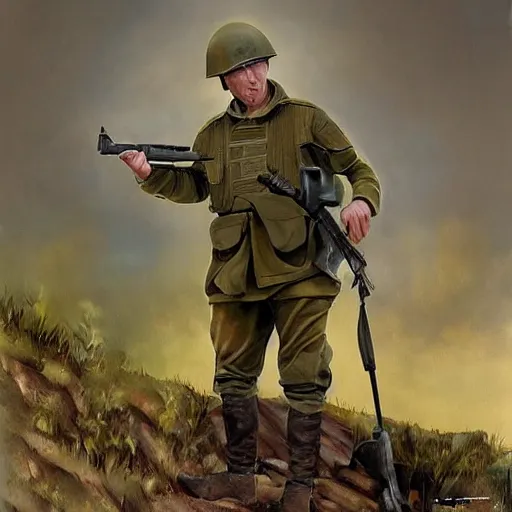 Image similar to Putin is sitting in the trenches and defending himself from Ukrainian troops, Retro futuristic painting style