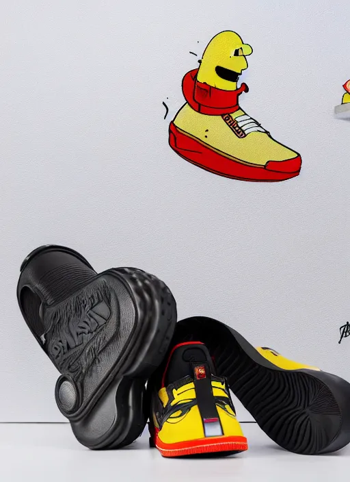 Image similar to hyperrealistic and heavy detailed product photo jordan shoe of the simpsons, in front of white back drop, whole shoe is in picture, leica sl 2 5 0 mm, vivid color, high quality, high textured, real life, film grain