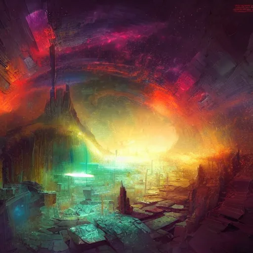 Image similar to neuromorphic god in this multi - dimensional latent spaceby marc simonetti, colour, hyper detail, 8 k, universe, nebula, burst of colour, imaginary, concept art, out of this world, depth, incredible depth