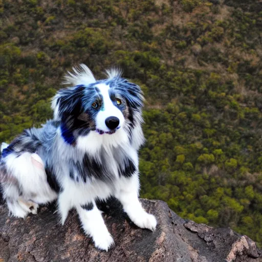 Image similar to blue Merle Australian shepard on top of a mountain