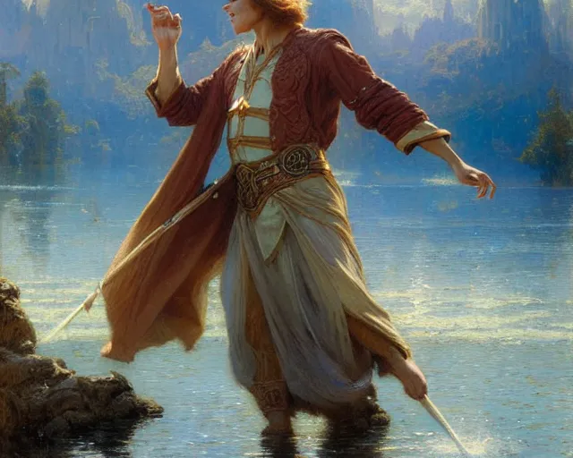 Image similar to attractive male wizard casting powerful water spell in a beautiful lake. highly detailed painting by gaston bussiere, craig mullins, j. c. leyendecker 8 k