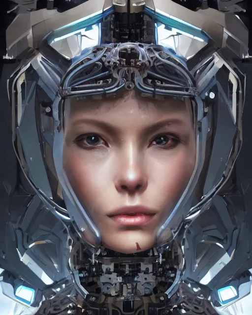 Image similar to the face of a cybernetic! fashion model! mecha, scifi, ghost in the shell, intricate sci fi panels made of metal, elegant, highly detailed panel cuts, greeble detail, caustics and refraction, digital painting, artstation, concept art, high tech fantasy, sharp focus, illustration, art by marco plouffe arstation