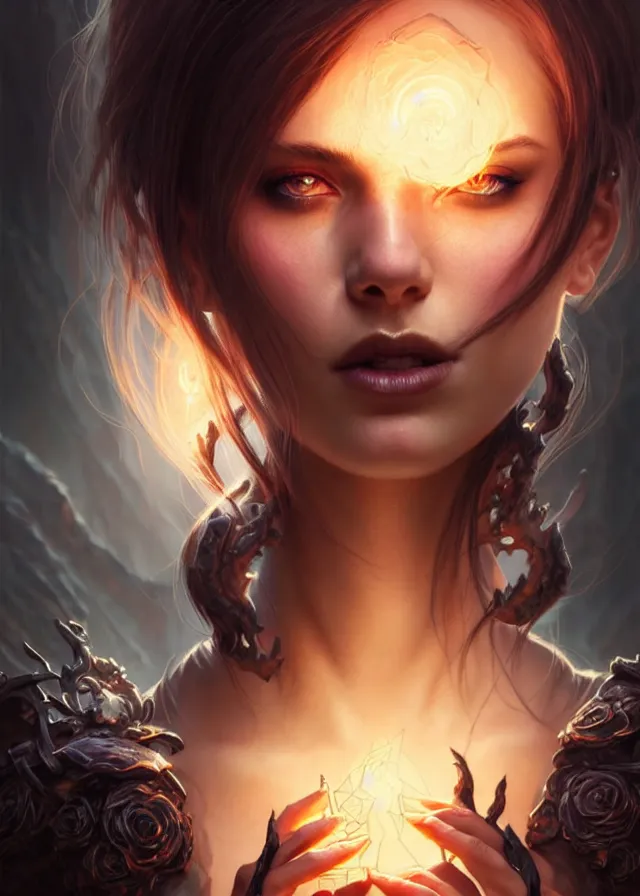 Image similar to Necromancer Sorceress face close-up macro in center, fantasy magic, undercut hairstyle, dark light night, intricate, elegant, sharp focus, illustration, highly detailed, digital painting, concept art, matte, art by WLOP and Artgerm and Greg Rutkowski and Alphonse Mucha, masterpiece