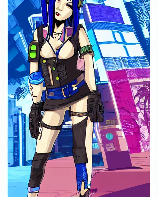 Image similar to cel shaded art of a pretty blue haired girl, jet grind radio graphics, cyberpunk city street background