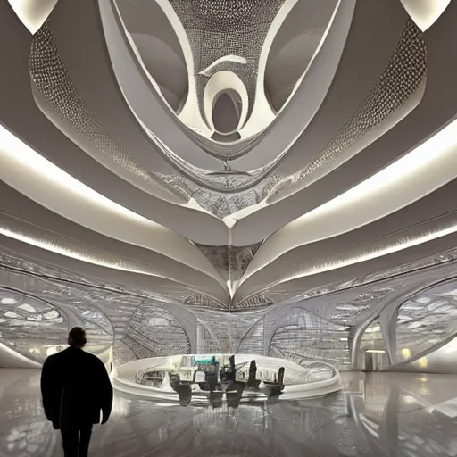 Image similar to extremely detailed ornate stunning beautiful elegant futuristic museum lobby interior by Zaha Hadid