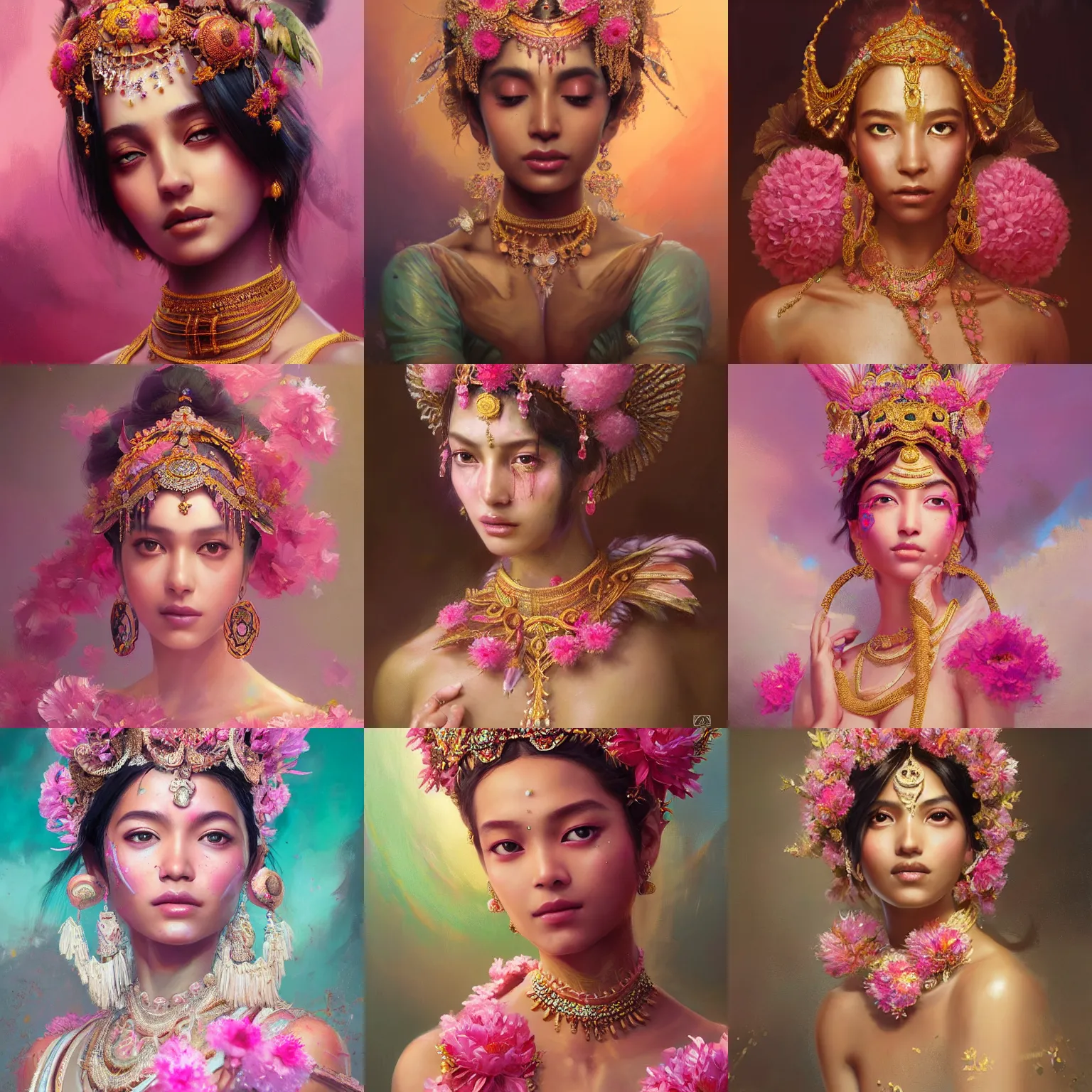 Prompt: expressive oil painting, of indian princess, smooth glowing skin, ornate headpiece made from pink flowers, glamour shot, by yoshitaka amano, by greg rutkowski, by jeremyg lipkinng, by artgerm, digital art, octane render