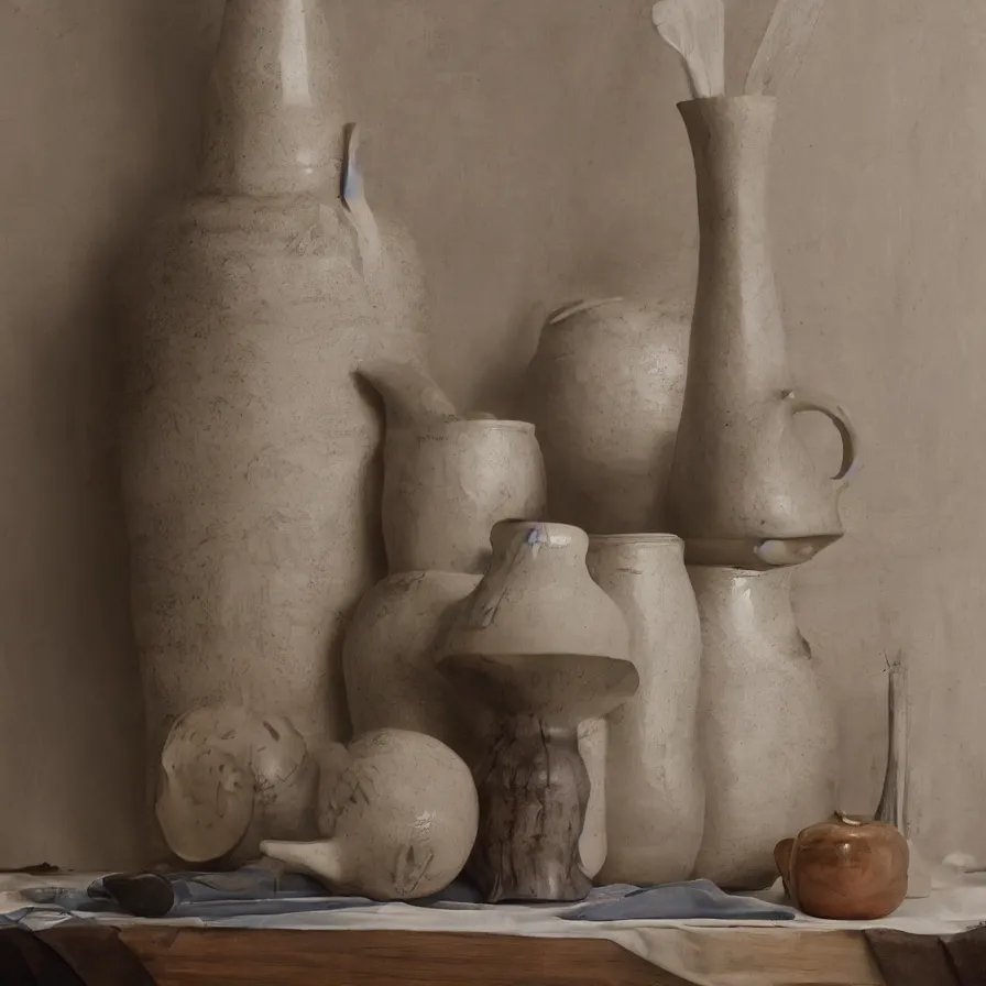 Image similar to beautiful studio photograph of a ceramics display with hans holbein portrait painted onto a tall stoneware vase by peter pincus on a tablecloth on a wooden table, hyperrealism 8 k trending on artstation