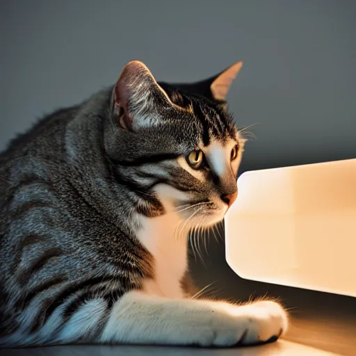 Prompt: a cat reading a book, award winning photo, sharp edges, box of light, blurred background - n 9