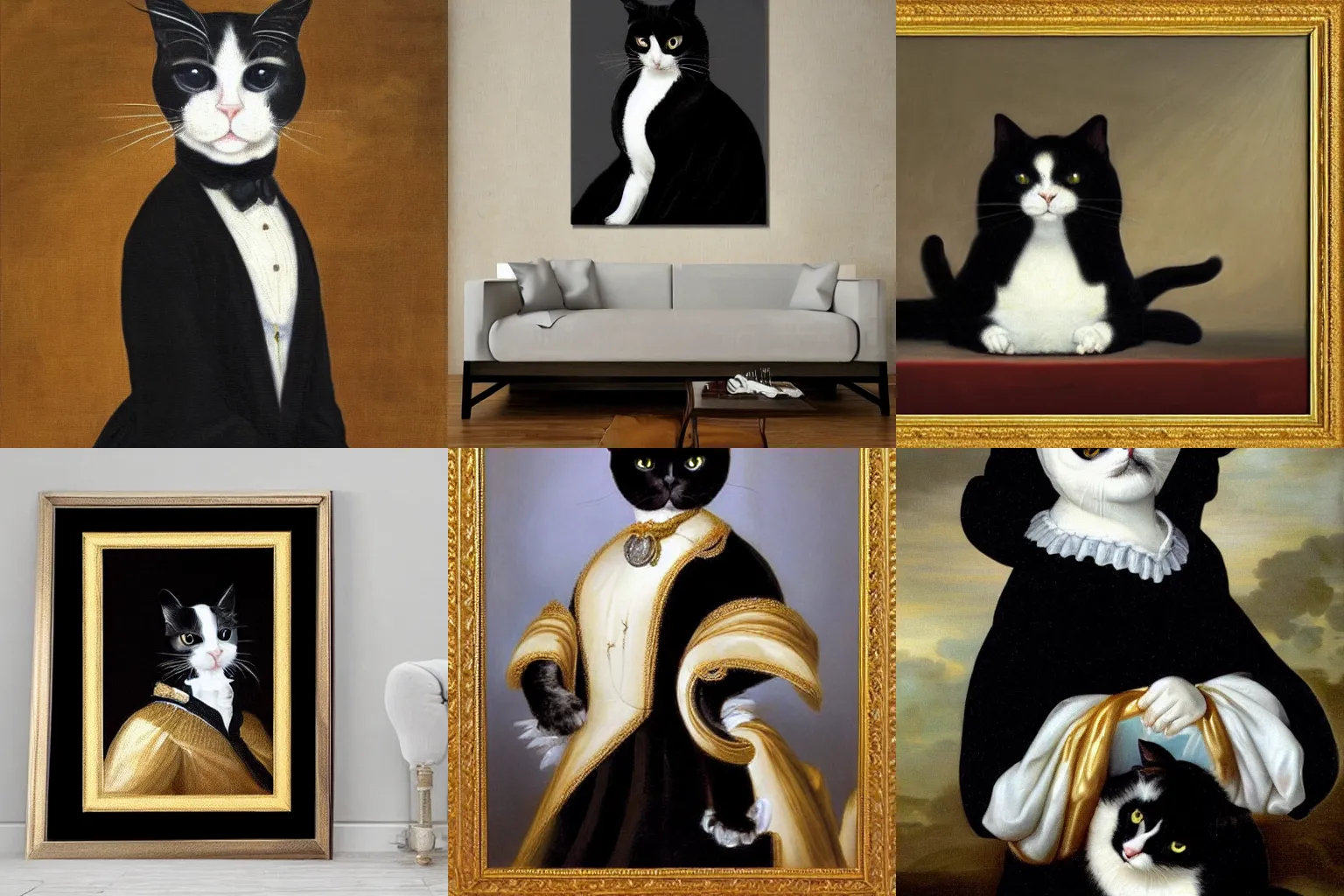 Prompt: beautiful baroque painting of a royal queen tuxedo cat, artwork masterpiece