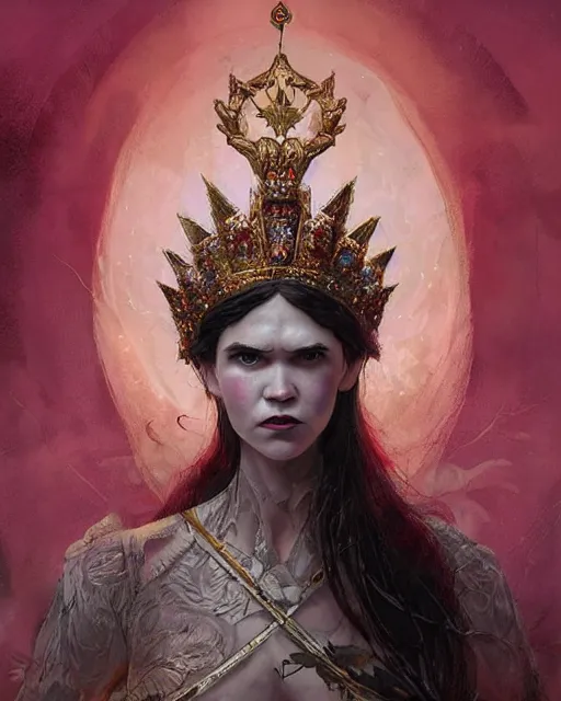 Image similar to grimes!! [ in a queens crown ]!!, wearing royal attire!!, digital art, d & d, tarot card, wiccan, oil painting, illustrated by greg rutkowski, max hay, rajmund kanelba, cgsociety contest winner