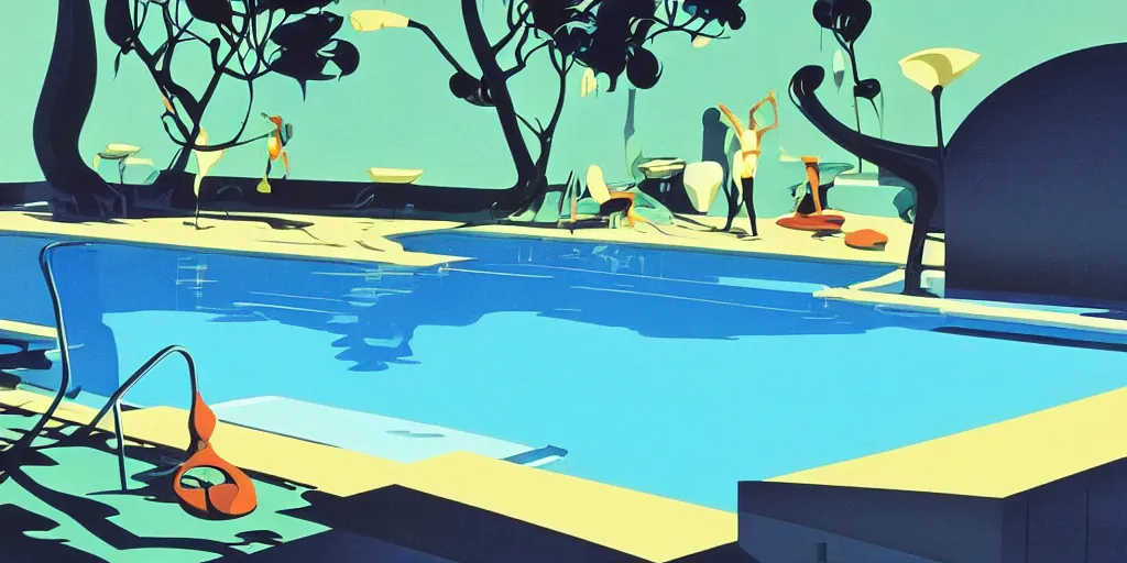 Prompt: swimming pool, gouache, animated film, stylised, illustration, by eyvind earle, scott wills, genndy tartakovski, syd mead