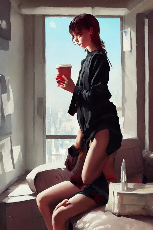 Prompt: A ultradetailed beautiful panting of a stylish girl sitting on the floor of a messy apartment, she is wearing an oversized Nike jacket, she is holding a Styrofoam cup, Oil painting, by Ilya Kuvshinov, Greg Rutkowski and Makoto Shinkai