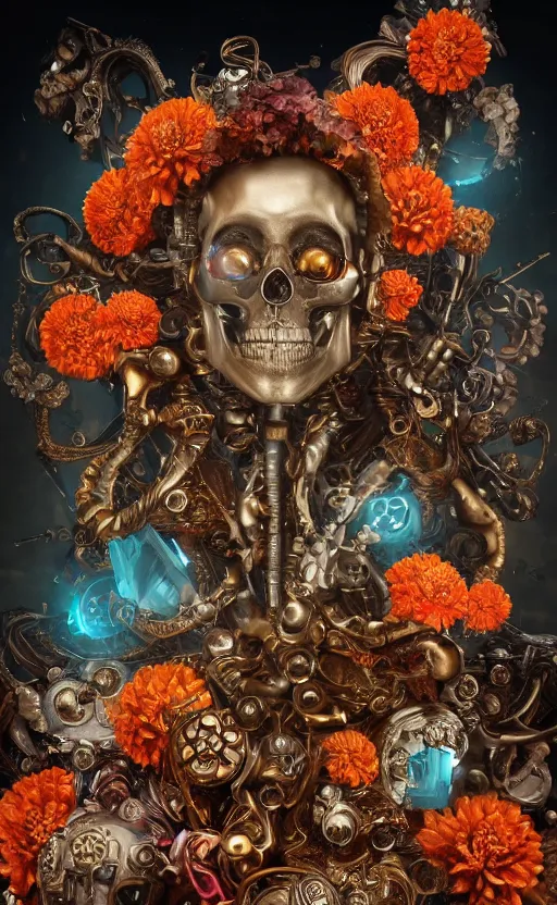 Image similar to a 3d Letter A with a large glowing orange crystal in the center, bronze cyberpunk style statue, mechanical chrysanthemums, flowing aqua silk, fabric, steampunk flowers. baroque elements, human skull. full-length view. baroque element. intricate artwork by caravaggio. many flying horses on background. Trending on artstation, octane render, cinematic lighting from the right, hyper realism, octane render, 8k, depth of field, 3D